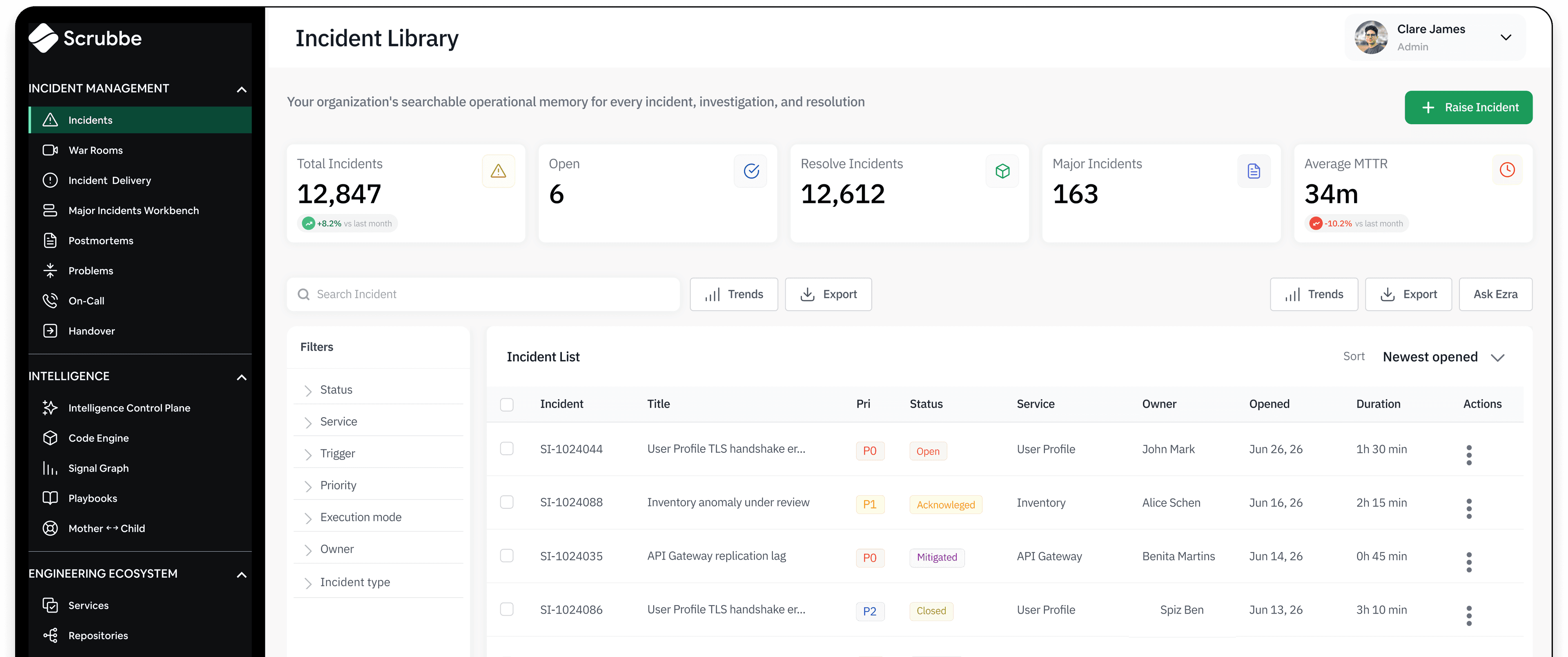 The Scrubbe incident library — every incident, investigation and resolution in one searchable workspace.