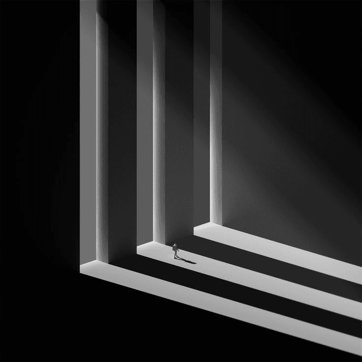 A figure dwarfed by a corridor of light.