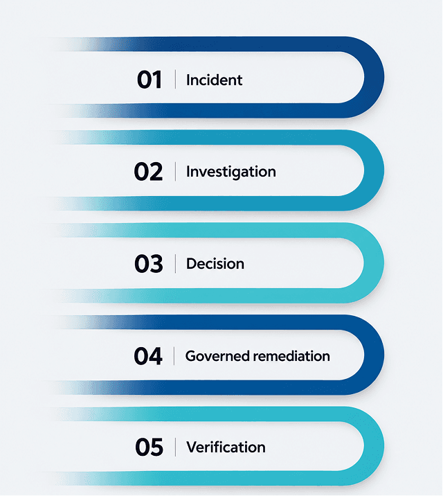Incident, investigation, decision, governed remediation, verification — the five stages Scrubbe runs.